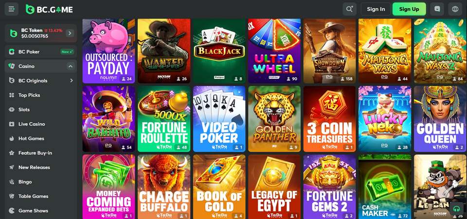 Screenshot of the BC.GAME casino slots page