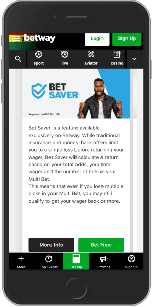 Mobile screenshot of the Betway bet saver bonus