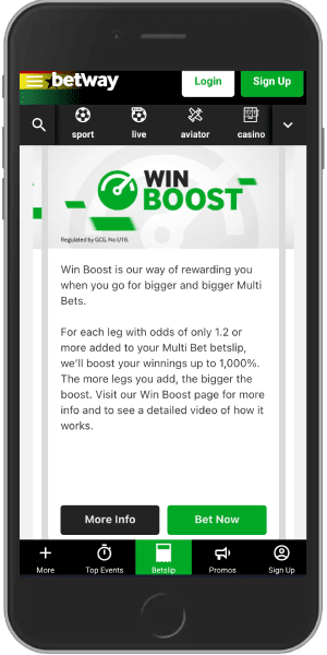 Mobile screenshot of the Betway win boost bonus