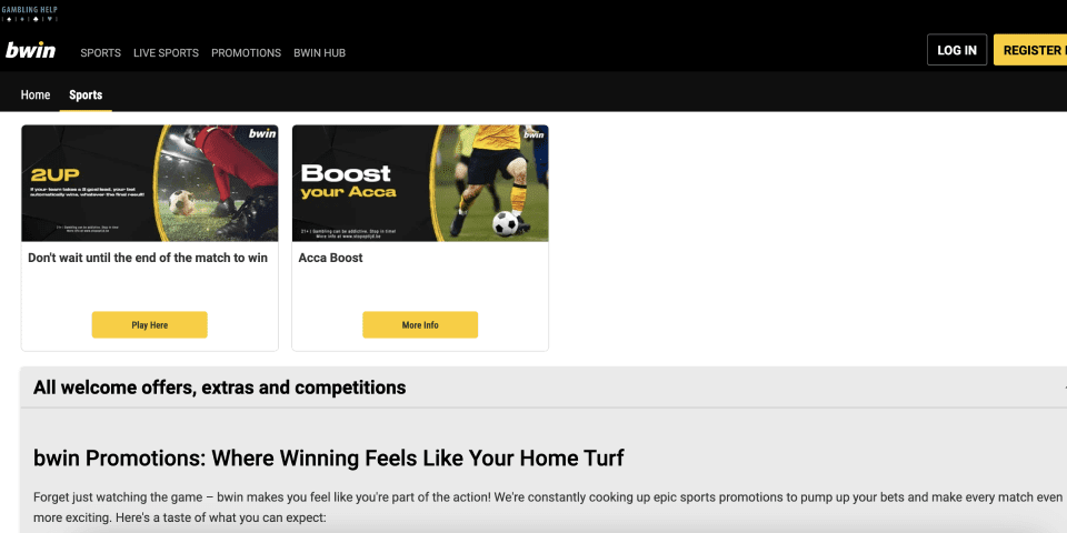 Screenshot of the Bwin promo page