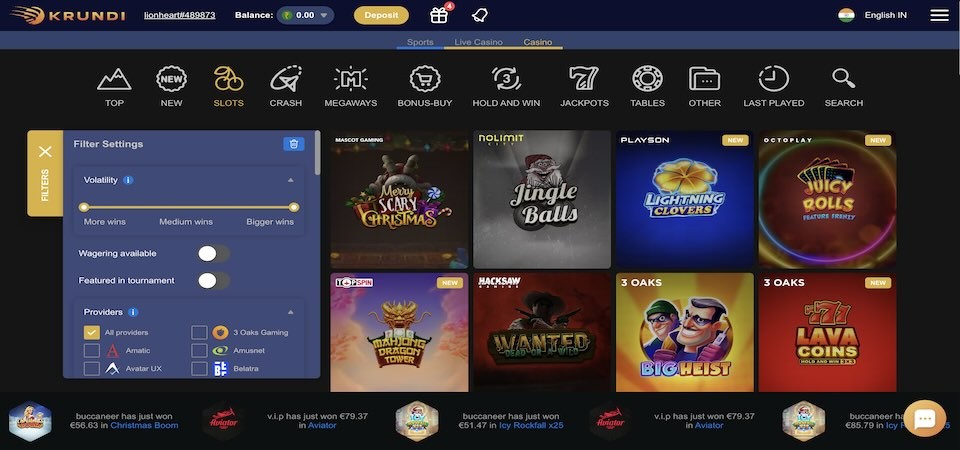 Screenshot of the Krundi casino page