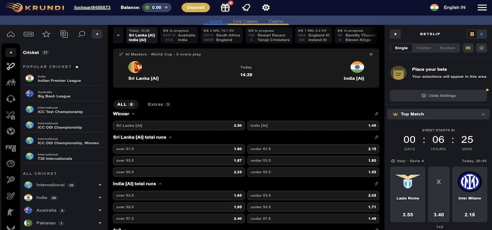 Screenshot of the Krundi sport page