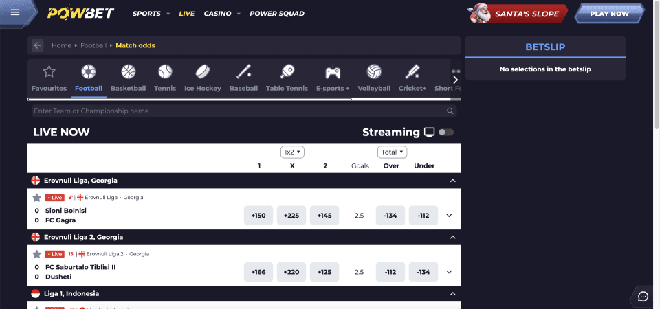 Screenshot of the Powbet live page