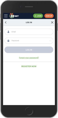 20Bet login page screenshot