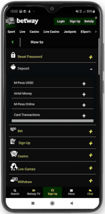 Mobile screenshot of the Betway payment methods