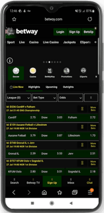 Mobile screenshot of the Betway sport betting