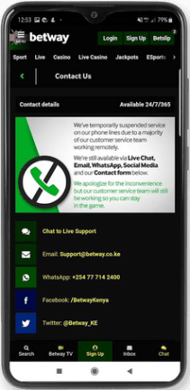 Mobile screenshot of the Betway Contact page