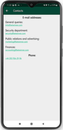 Mobile screenshot of the Betwinner support info