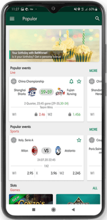 Mobile screenshot of the Betwinner sport page