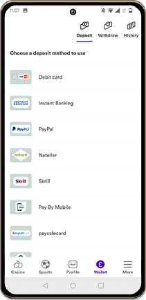 Mobile screenshot of the casumo payment methods