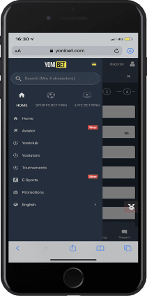 Mobile screenshot of the yonibet menu