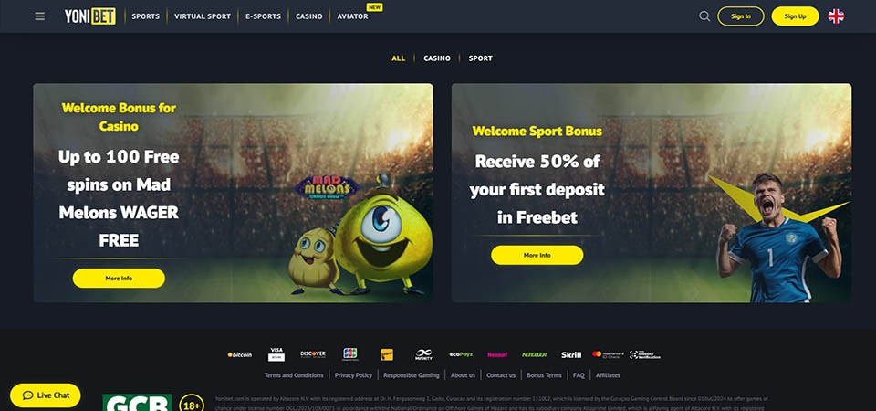 Screenshot of the Yonibet promo page