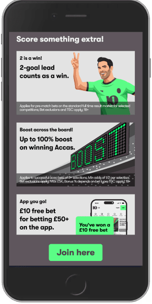 Mobile screenshot of the 10bet bonuses page