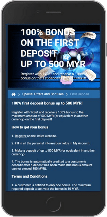 Screenshot of the mobile bonus page of the bookmaker 1xBet