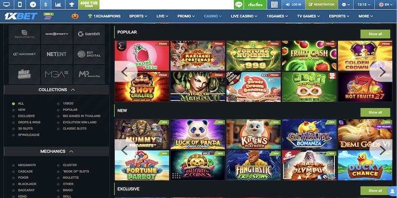 Screenshot of the 1xbet casino page