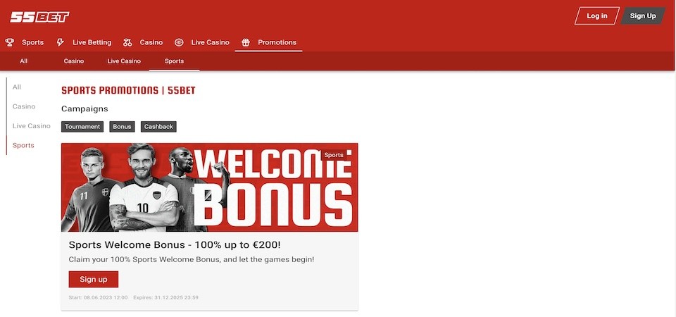 Screenshot of the 55Bet bonuses page