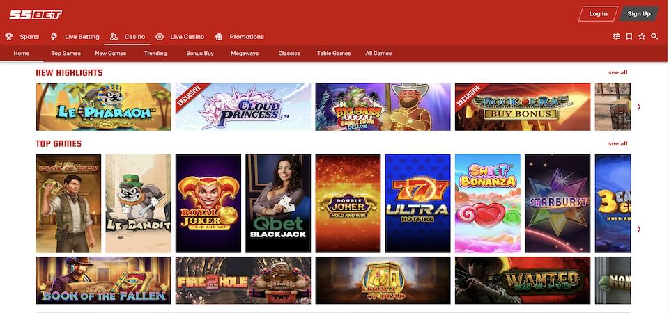 Screenshot of the 55Bet casino page