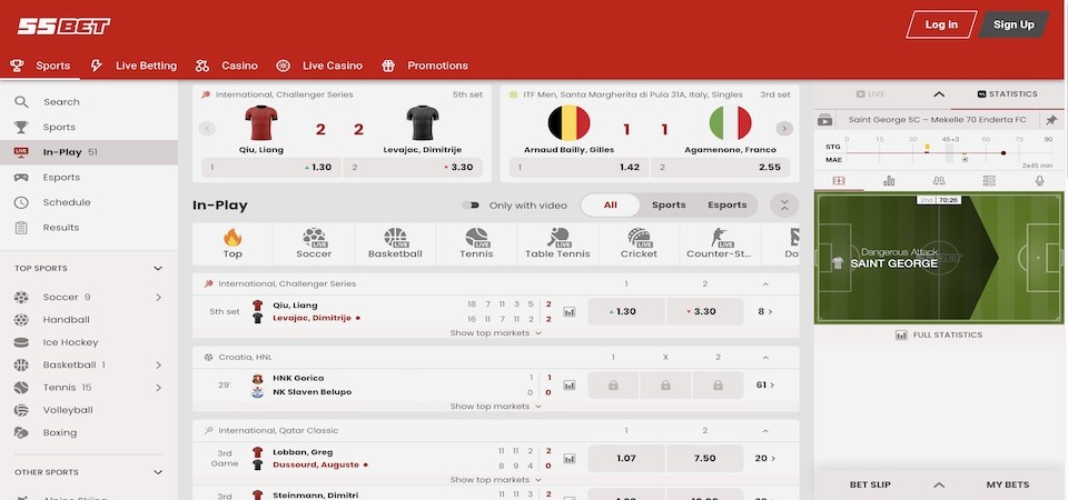 Screenshot of the 55bet live betting page