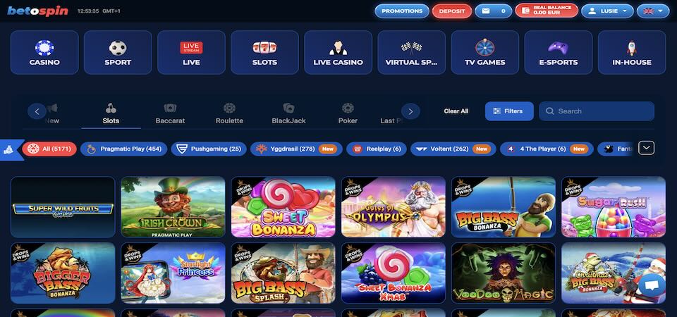 Screenshot of the BetOspin casino page