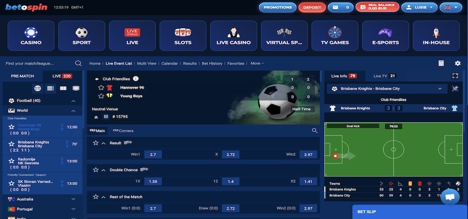 Screenshot of the BetOspin sport page