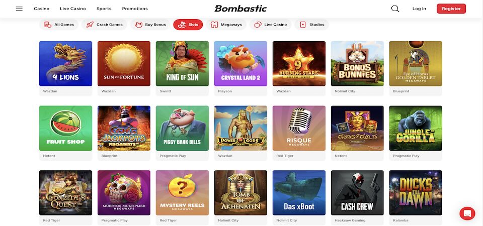 Screenshot of the Bombastic casino page