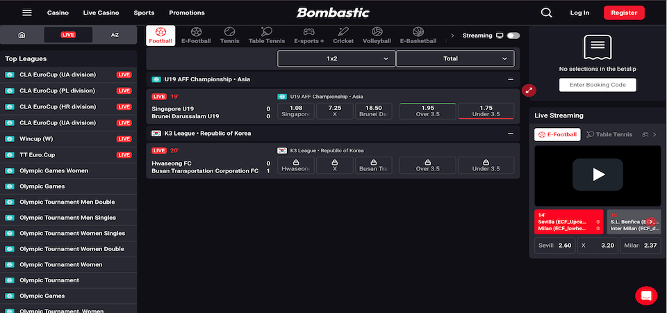 Screenshot of the Bombastic live betting