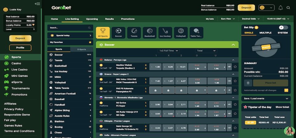 Screenshot of the Goralbet live betting page