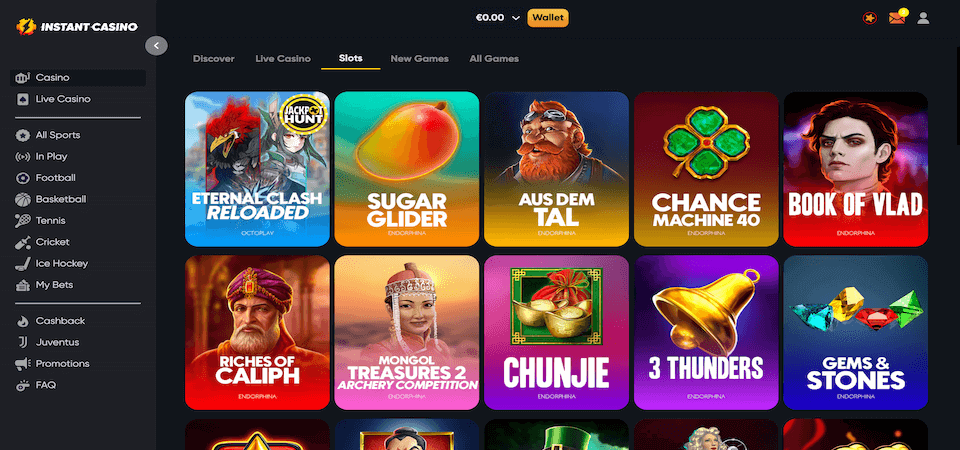 Screenshot of the Instant Casino casino page