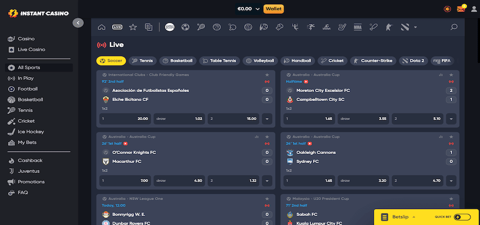 Screenshot of the Instant Casino live betting page