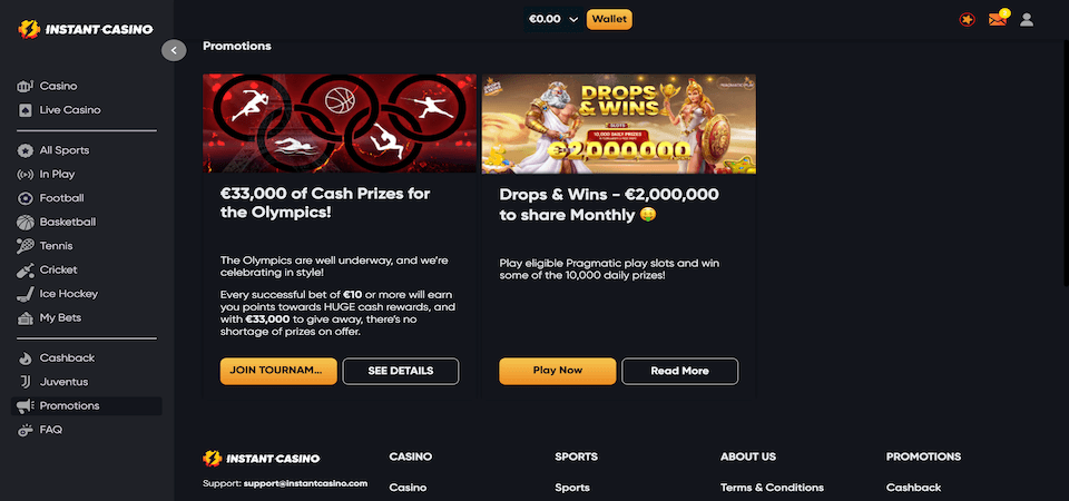 Screenshot of the Instant Casino bonuses page