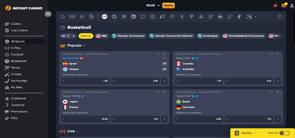 Screenshot of the Instant Casino sports page