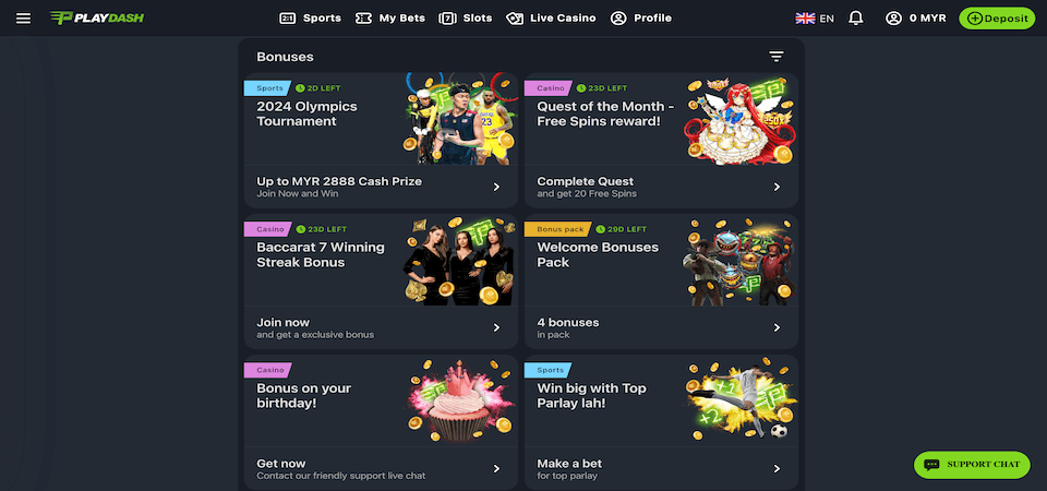 Screenshot of the Playdash bonuses page