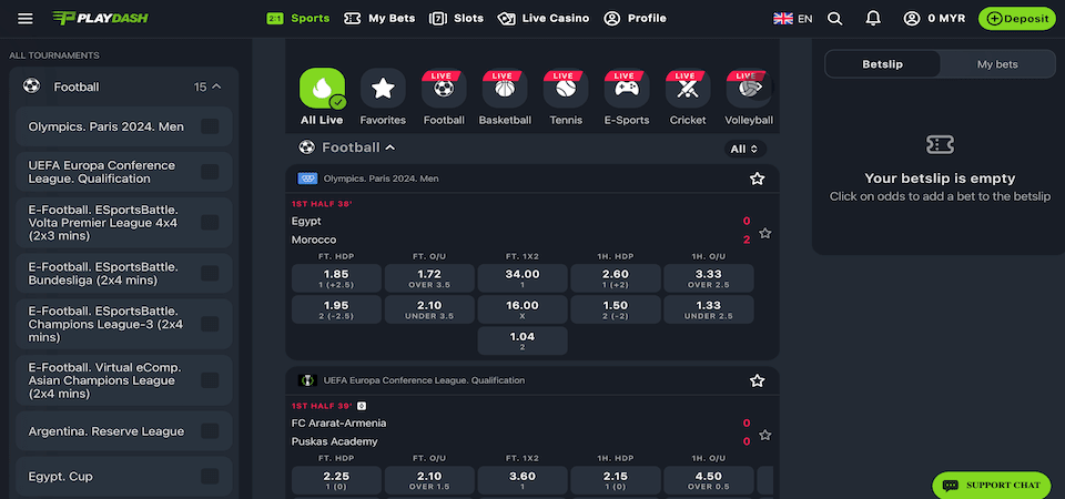 Screenshot of the Playdash live betting page