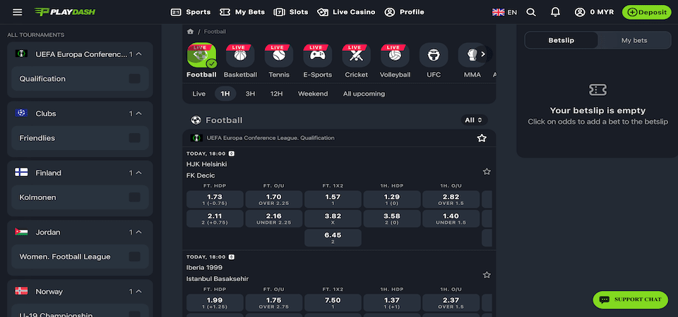 Screenshot of the Playdash sports page