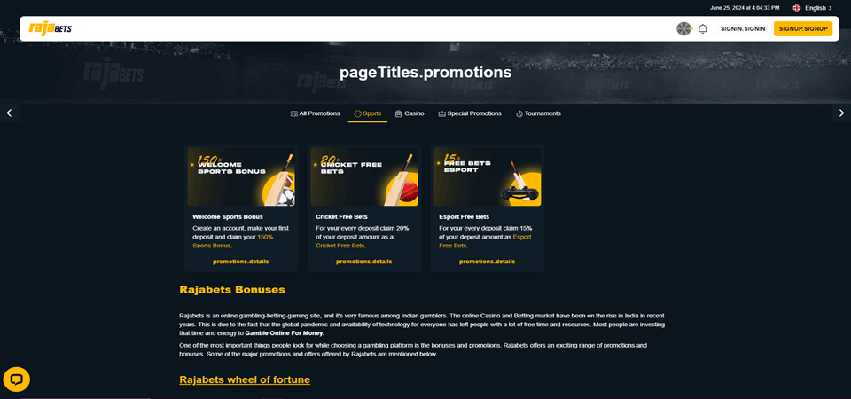 Screenshot of the Rajabets Bonuses and Promotions page