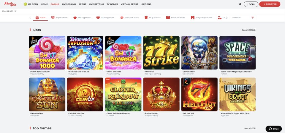 RealSpin desktop casino slots page screenshot