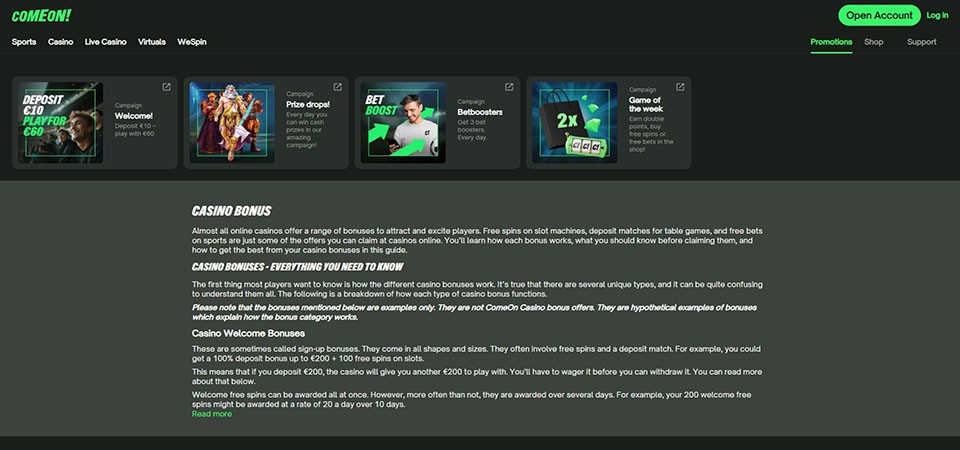 Screenshot of the comeon bonus page