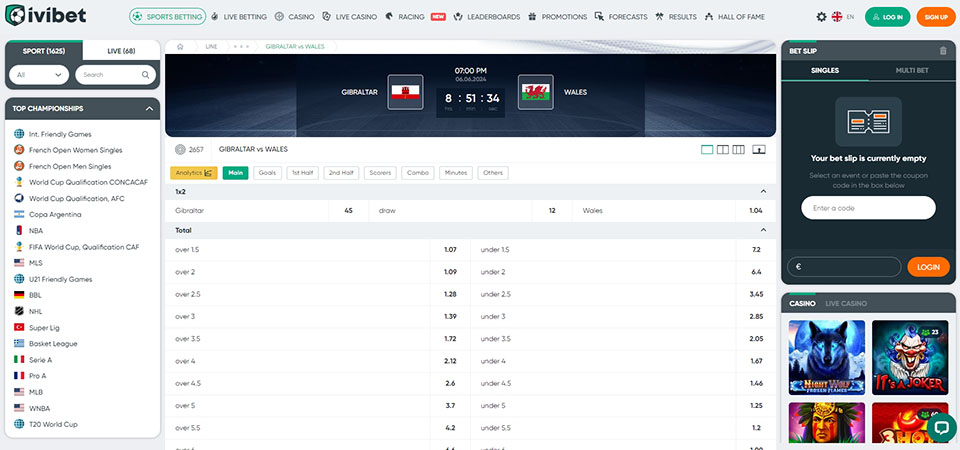 Screenshot of the Ivibet sport page