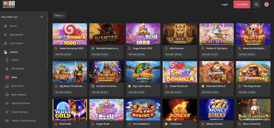 Screenshot of the M88 casino page