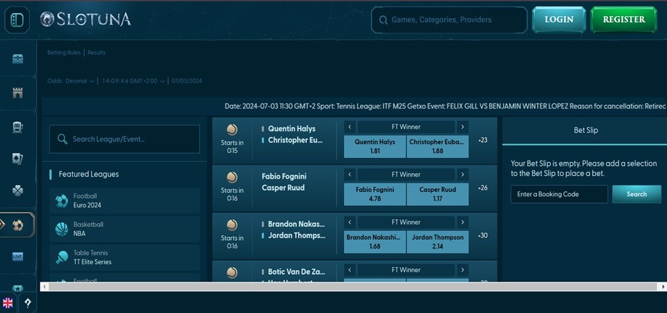 Screenshot of the Slotuna sport page