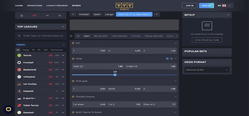 Screenshot of the YYYCasino sport page