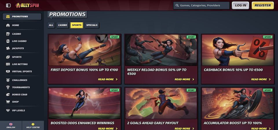 Screenshot of the AllySpin bonuses page