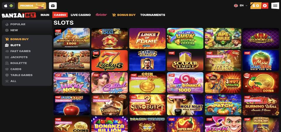 Screenshot of the Banzai Bet casino page