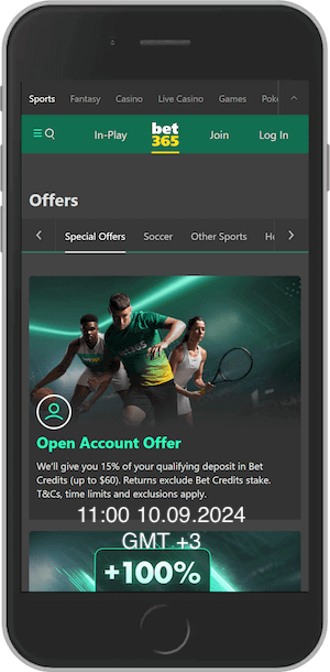 Mobile screenshot of the bet365 bonuses page