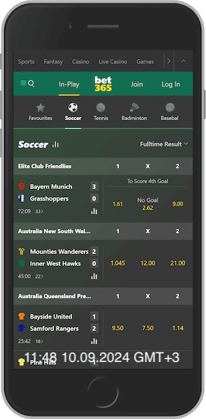 Mobile screenshot of the bet365 sports page