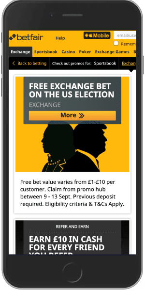 Mobile screenshot of the betfair bonuses page