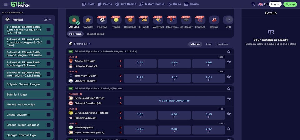 Screenshot of the Betmatch live betting page