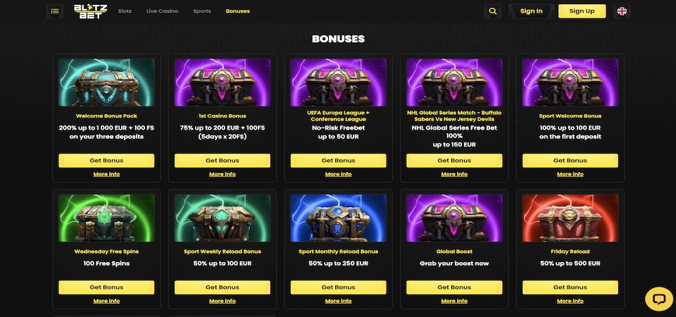 Screenshot of the blitz-bet bonuses page