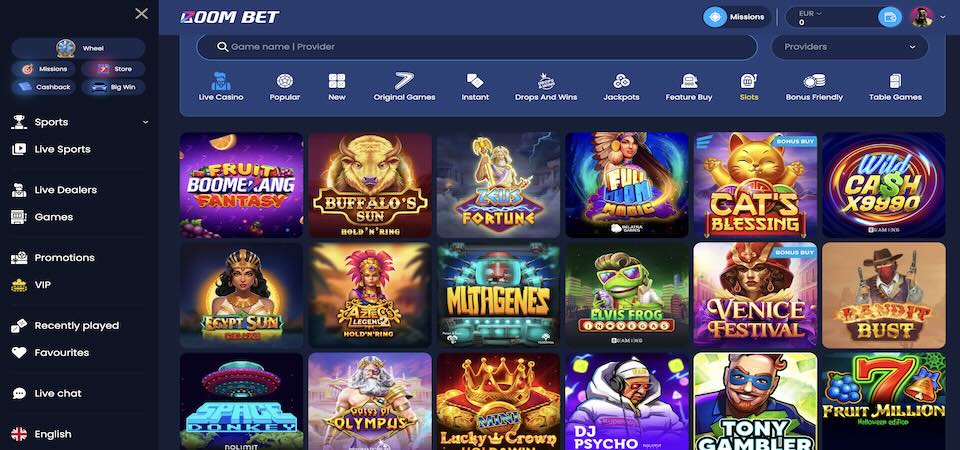 Screenshot of the boom-bet casino page