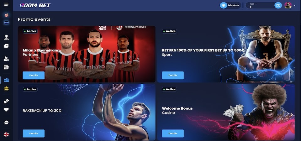 Screenshot of the boom-bet promotions page